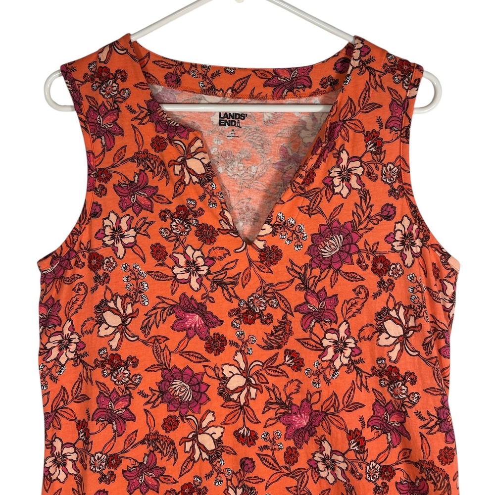 Lands End Womens Orange Floral Cotton Sleeveless Split Neck Tunic Top M 10-12 - Picture 2 of 9
